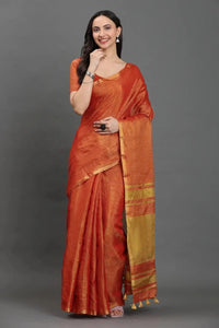 TANGERINE ZARI | Linen Tissue | Indidha Saree