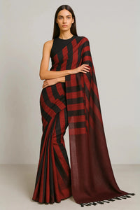 CRIMSON STRIPES | Pure Cotton | Indidha Saree -  Crimson Stripes Handloom Cotton Saree – Red & Black Striped Saree for Women  Shop Crimson Stripes – a bold handloom cotton saree in red & black stripes. Lightweight, breathable & elegant. Perfect for office wear or festive evenings. Indidha Originals.