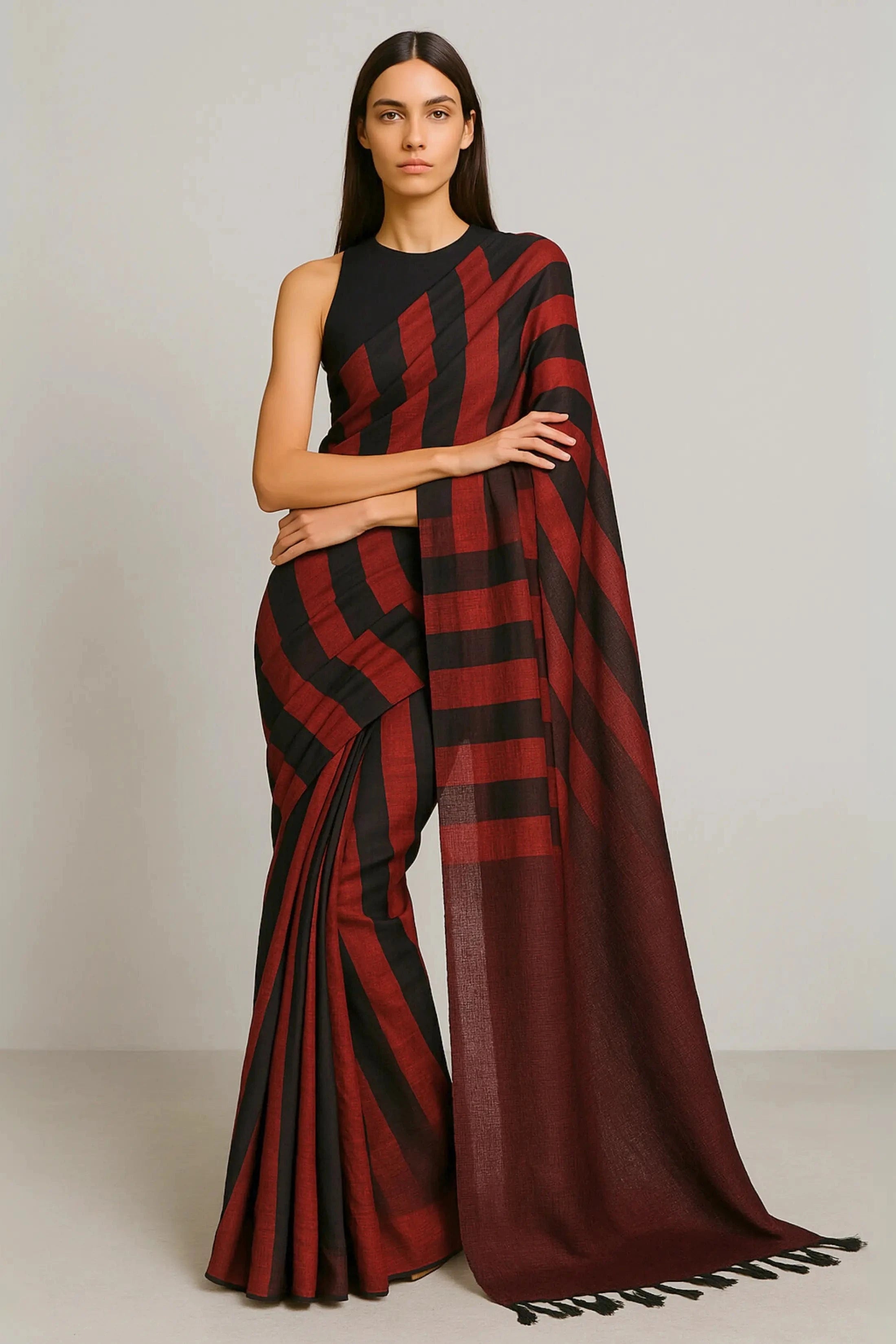 CRIMSON STRIPES | Pure Cotton | Indidha Saree