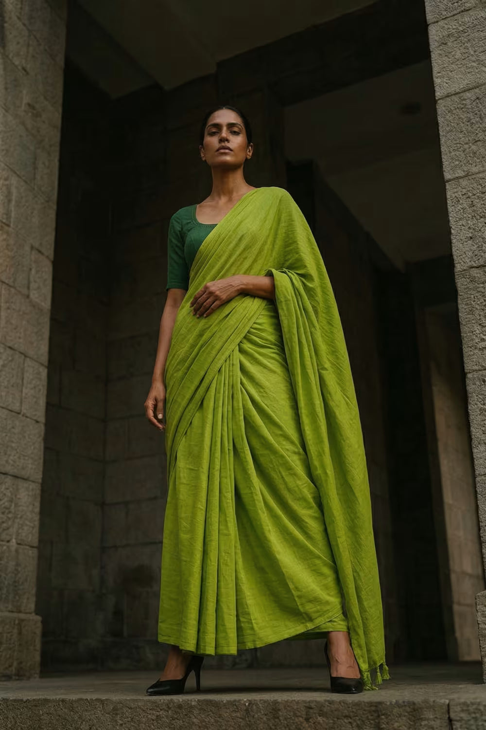 Lime Ember | Mul Cotton Saree | Indidha Saree