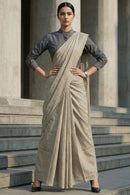 Urban Clay earthy taupe greige slub cotton saree with running blouse piece by Indidha