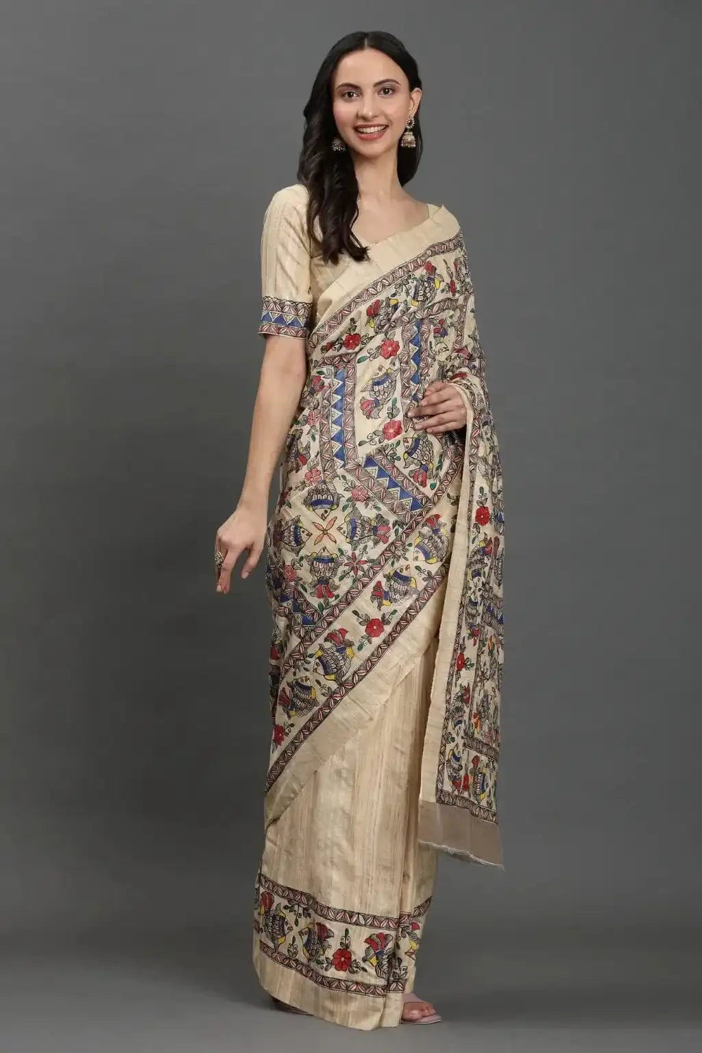 Vivid Heritage | Hand-painted Tussar Silk | Indidha Saree