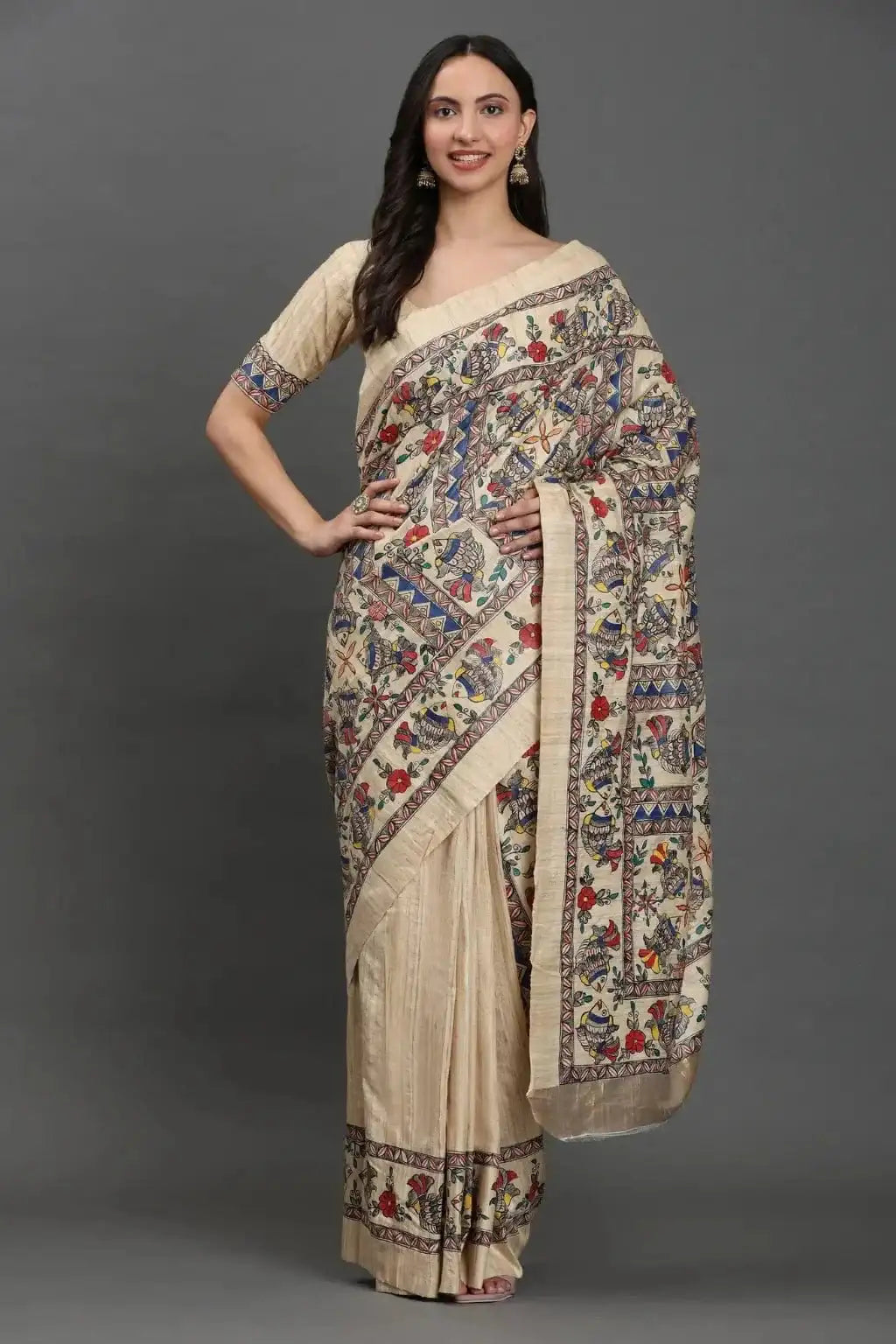 Vivid Heritage | Hand-painted Tussar Silk | Indidha Saree