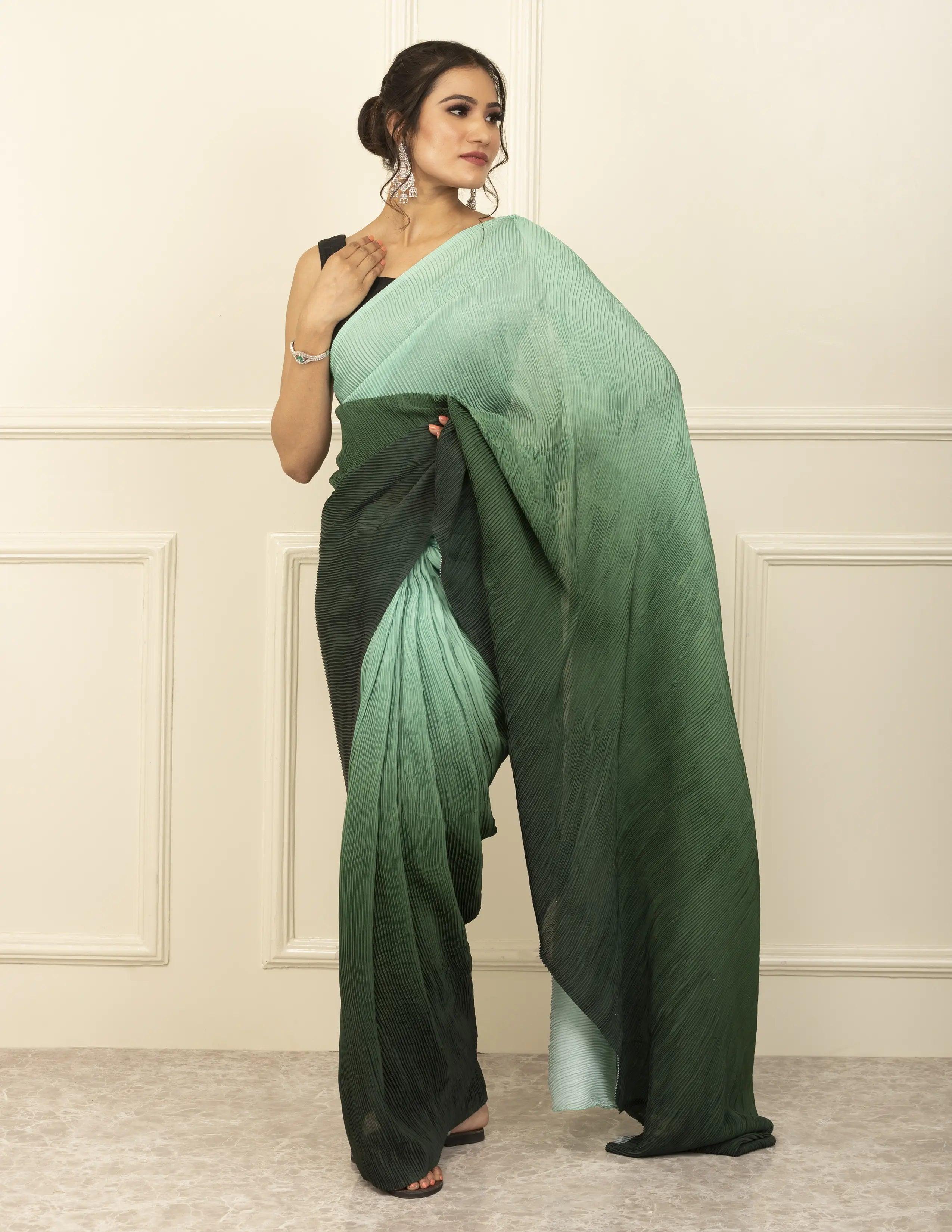 BDS Gandhi Nagar Saree GREEN HUE | Wrinkle Satin  | Indidha Saree