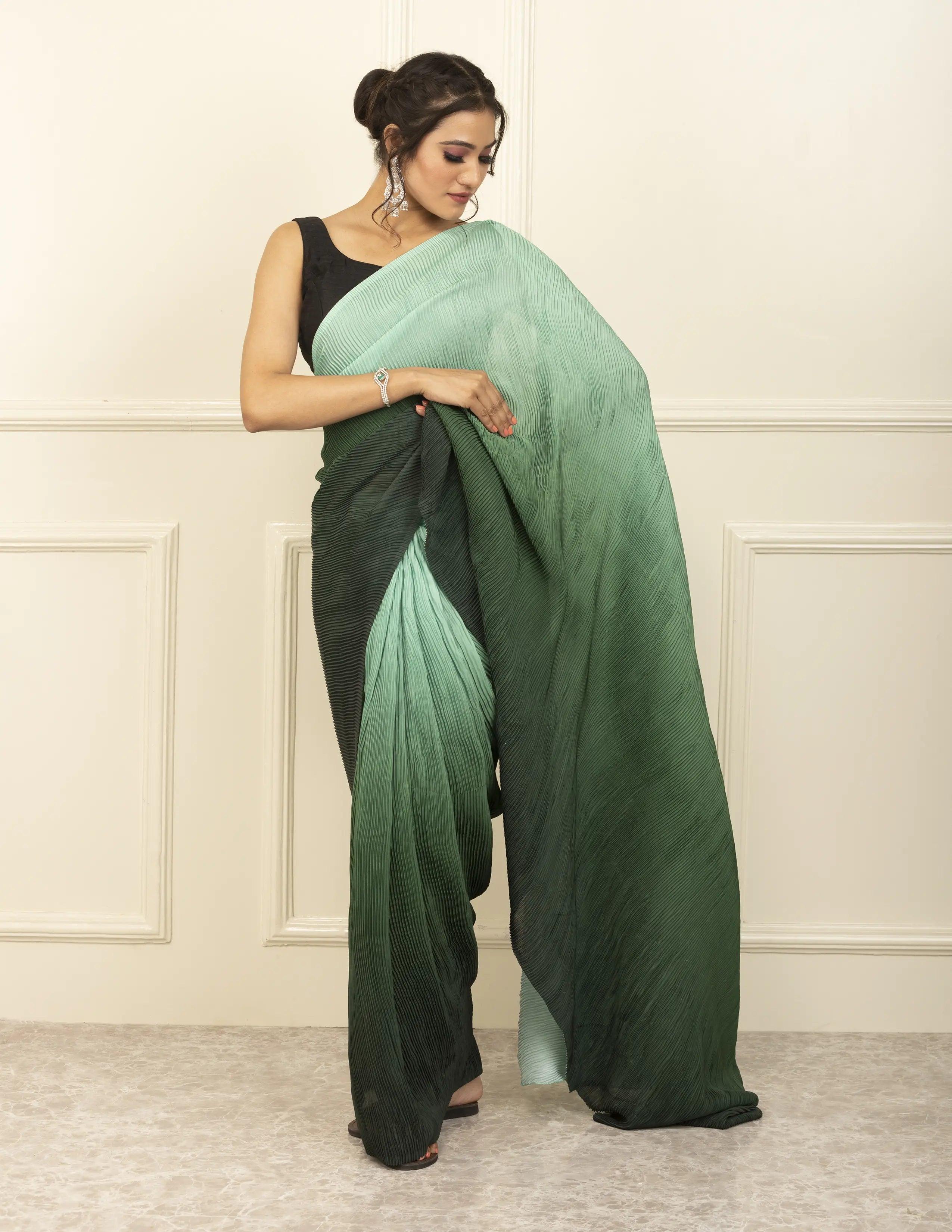 BDS Gandhi Nagar Saree GREEN HUE | Wrinkle Satin  | Indidha Saree