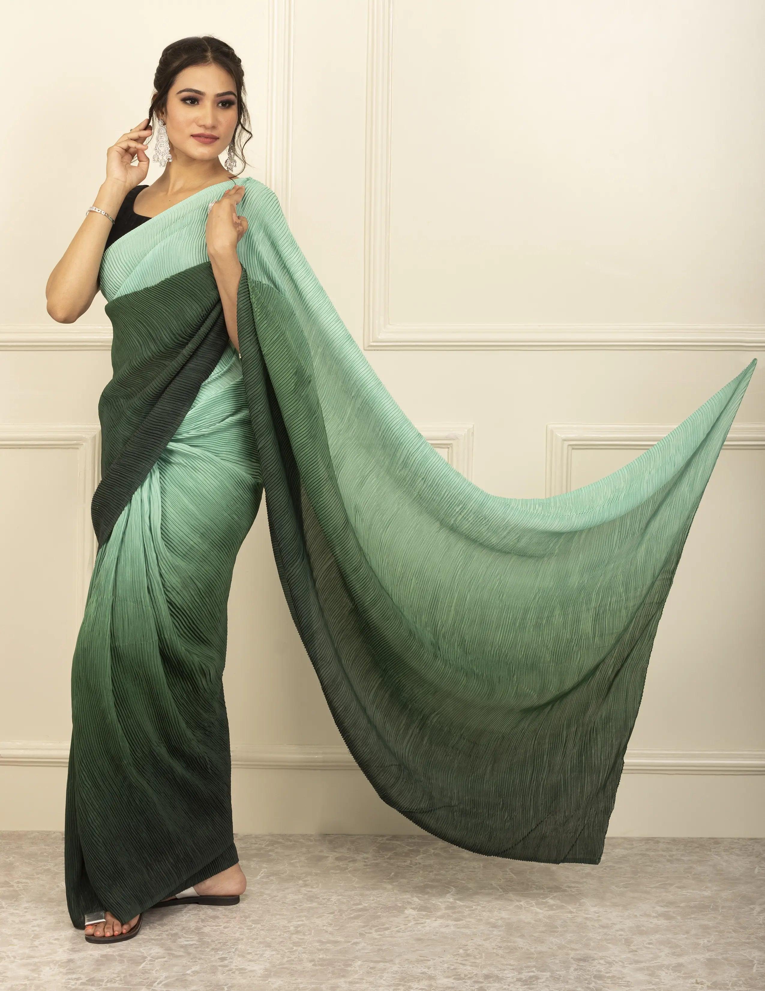 BDS Gandhi Nagar Saree GREEN HUE | Wrinkle Satin  | Indidha Saree