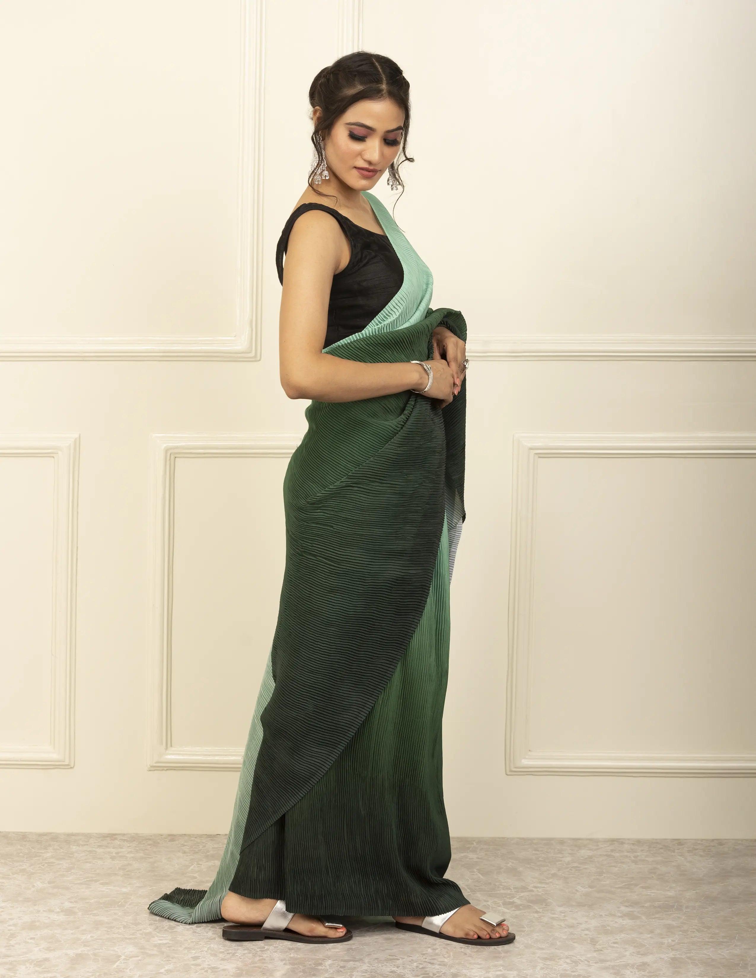BDS Gandhi Nagar Saree GREEN HUE | Wrinkle Satin  | Indidha Saree