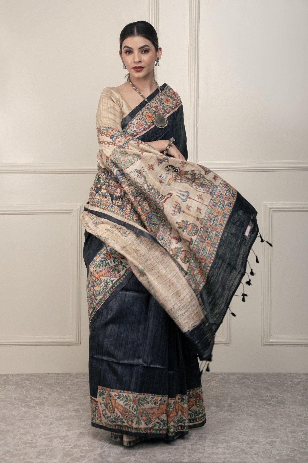 INDRANI | Hand - painted Tussar Silk | Madhubani Print | Indidha Saree