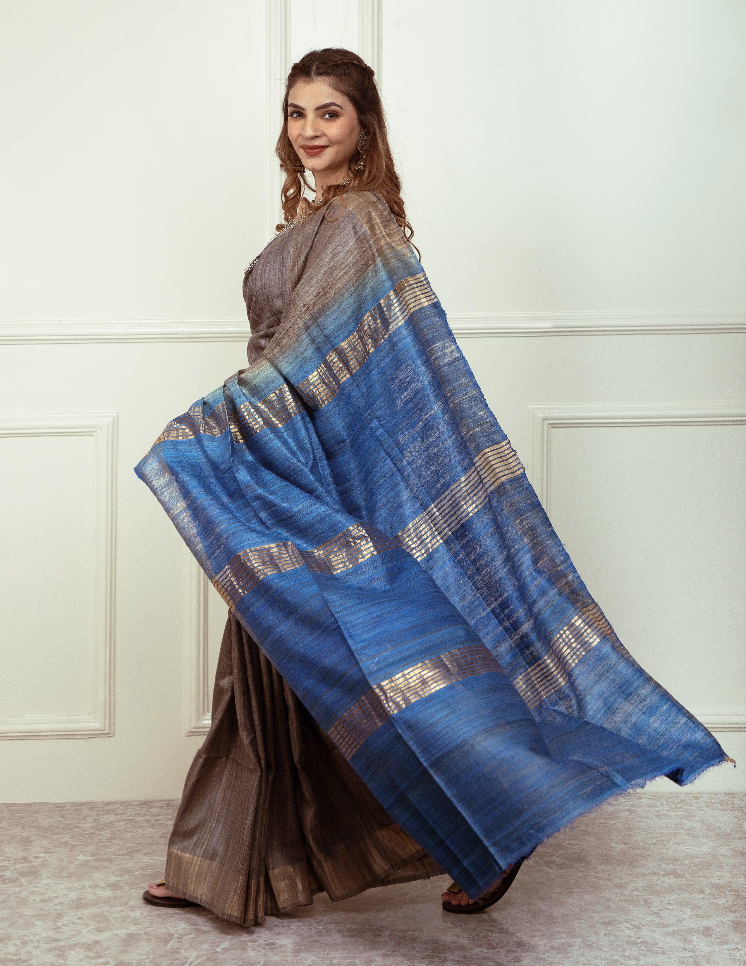 Bina Textile BGP Saree SAPPHIRE | Tussar Ghicha Silk | Indidha Saree