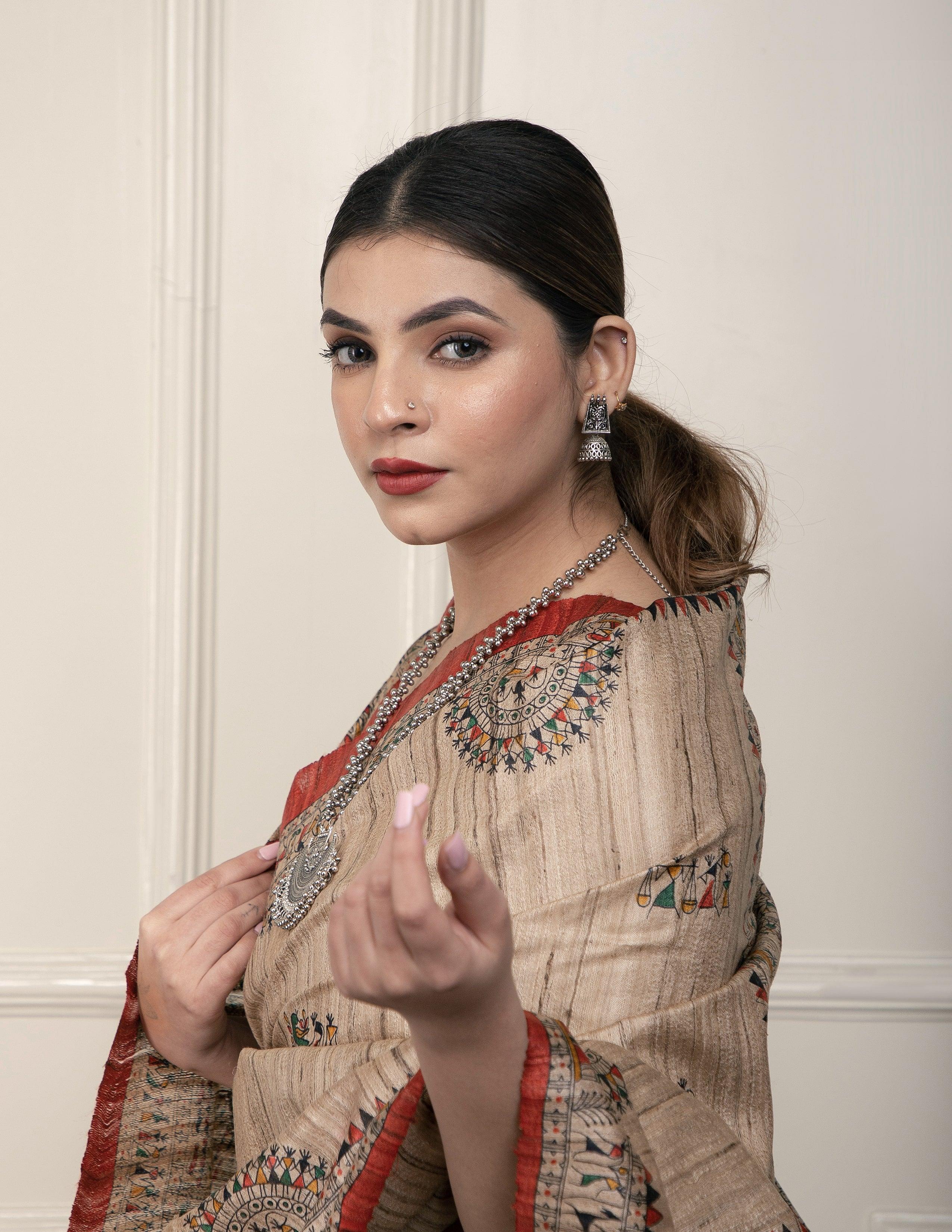 Bina Textile BGP Saree SILK TRIBE | Tussar Silk | Madhubani Print | Indidha Saree