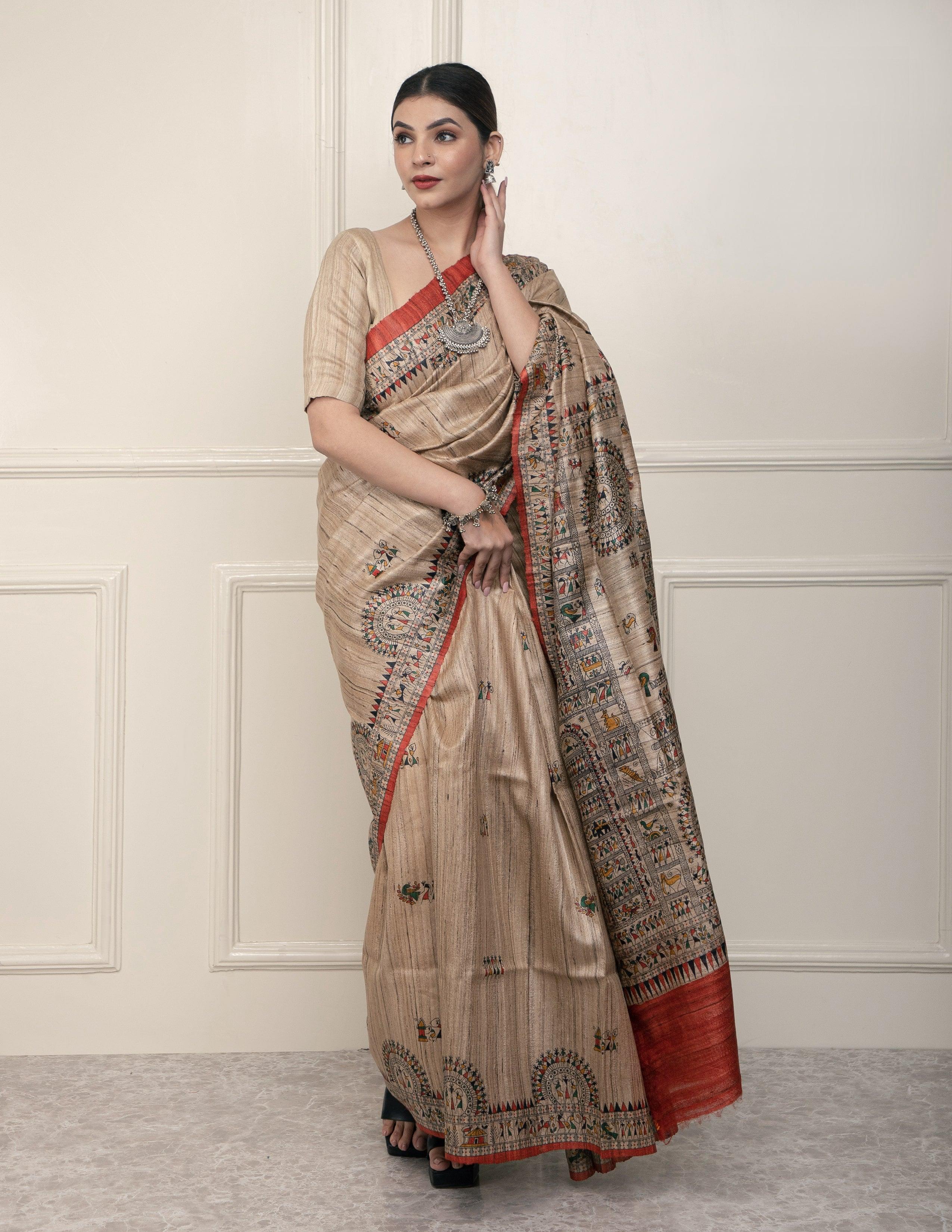 Bina Textile BGP Saree SILK TRIBE | Tussar Silk | Madhubani Print | Indidha Saree