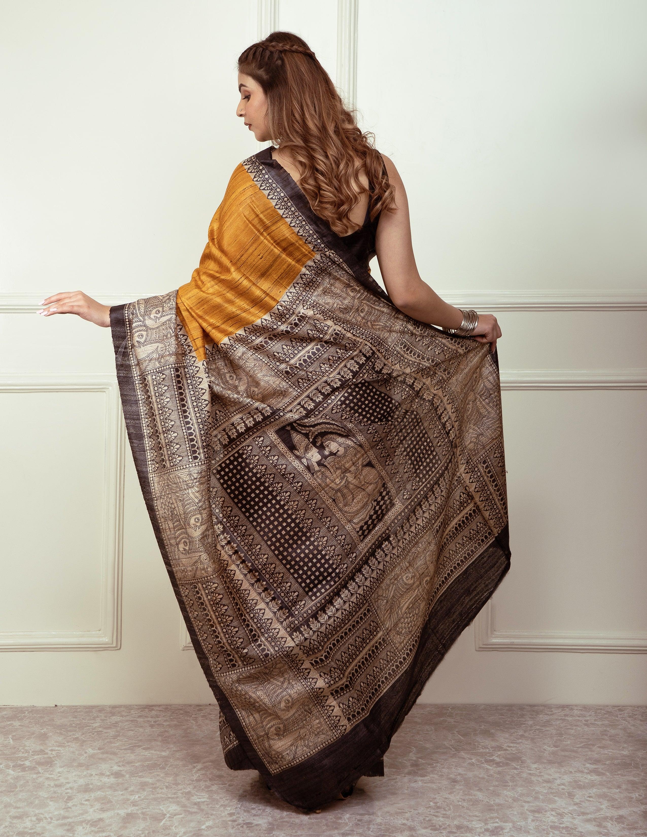 Bina Textile BGP Saree ZURI | Tussar Ghicha Silk | Madhubani Print | Indidha Saree