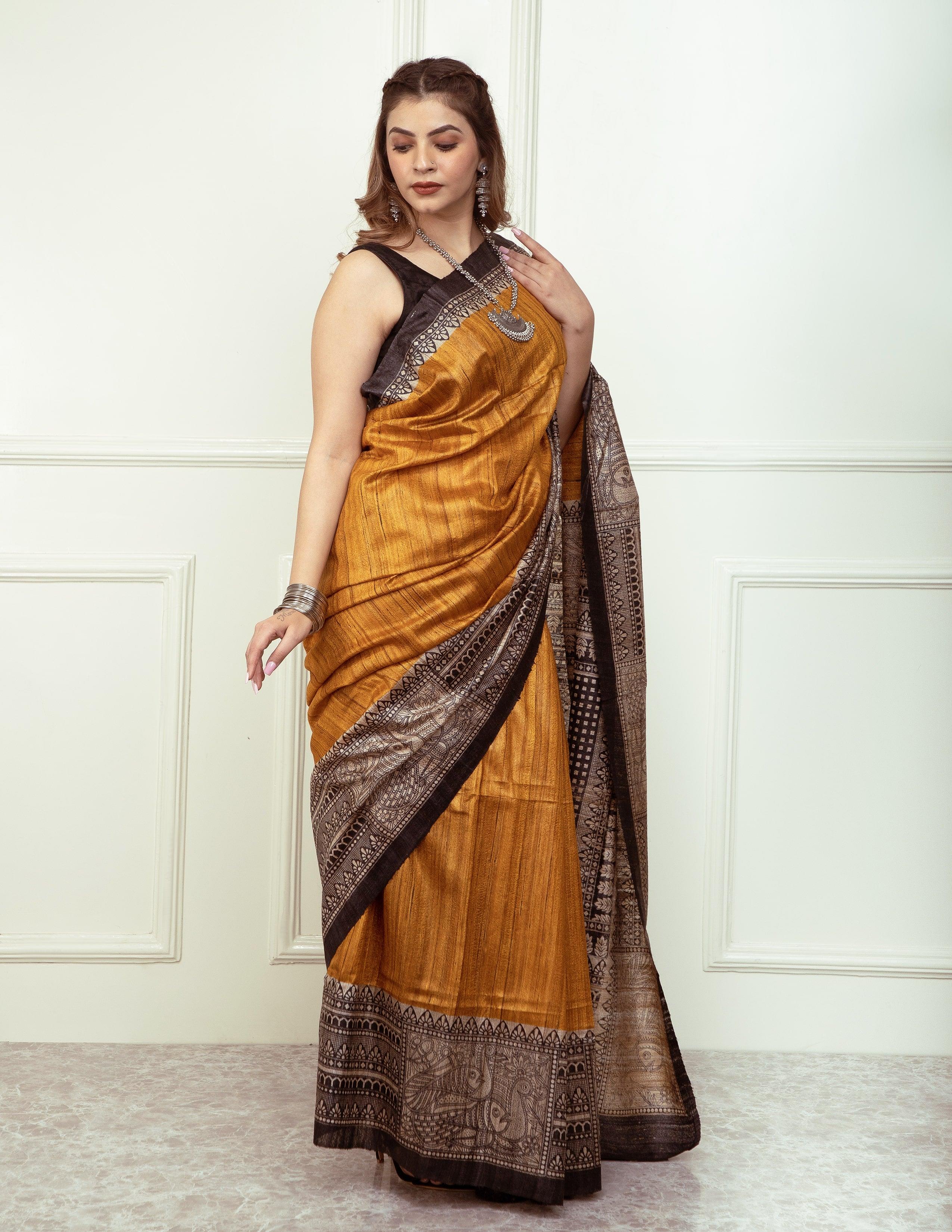 Bina Textile BGP Saree ZURI | Tussar Ghicha Silk | Madhubani Print | Indidha Saree