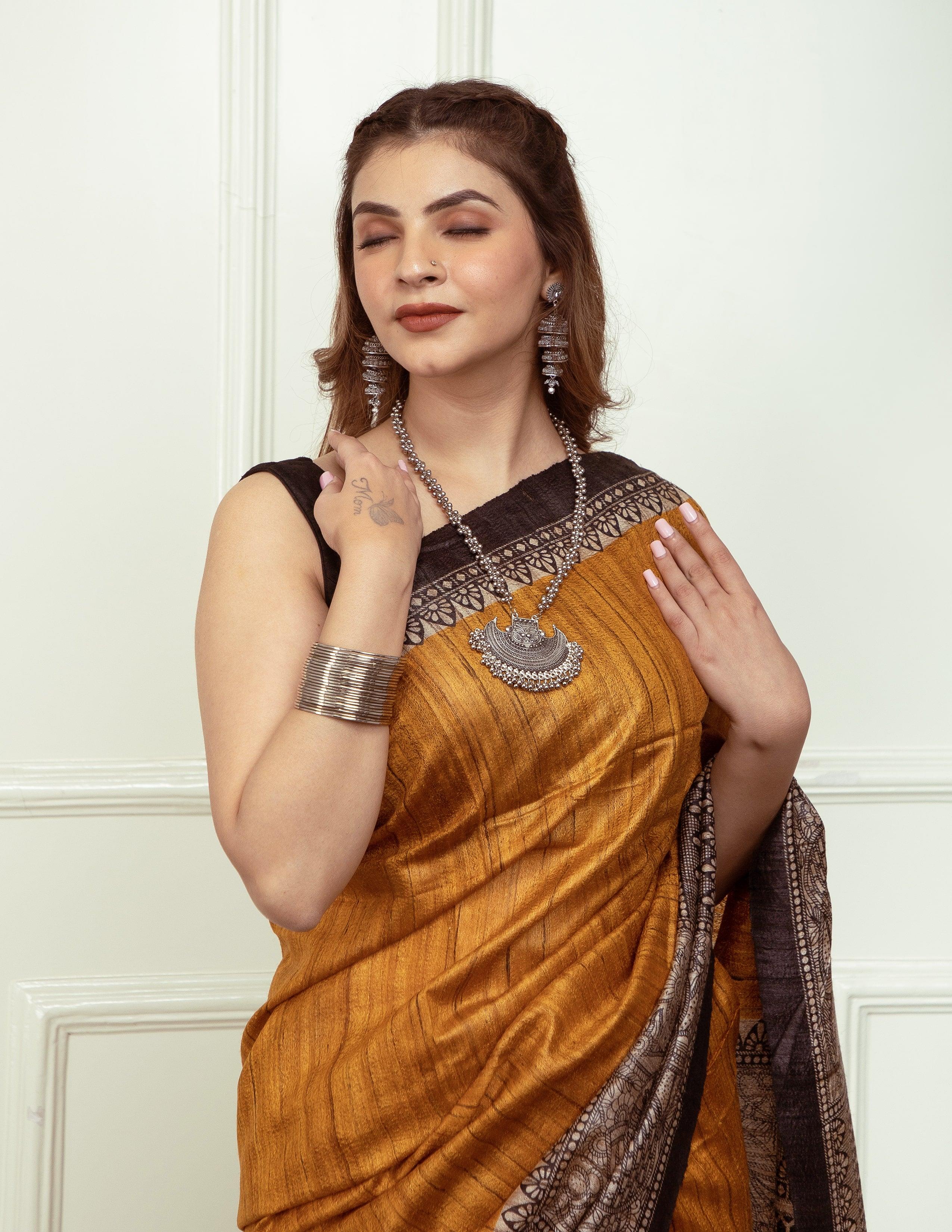 Bina Textile BGP Saree ZURI | Tussar Ghicha Silk | Madhubani Print | Indidha Saree