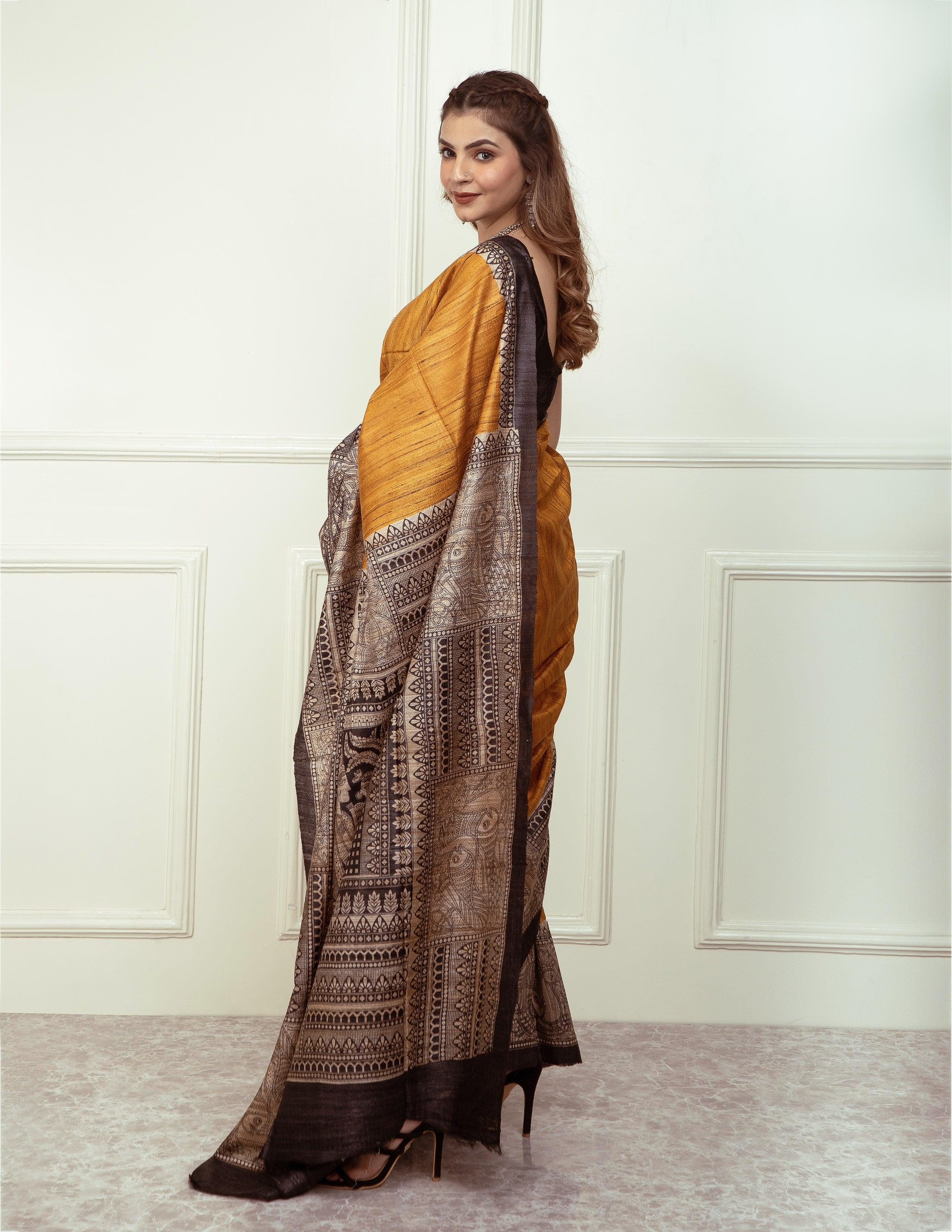 Bina Textile BGP Saree ZURI | Tussar Ghicha Silk | Madhubani Print | Indidha Saree