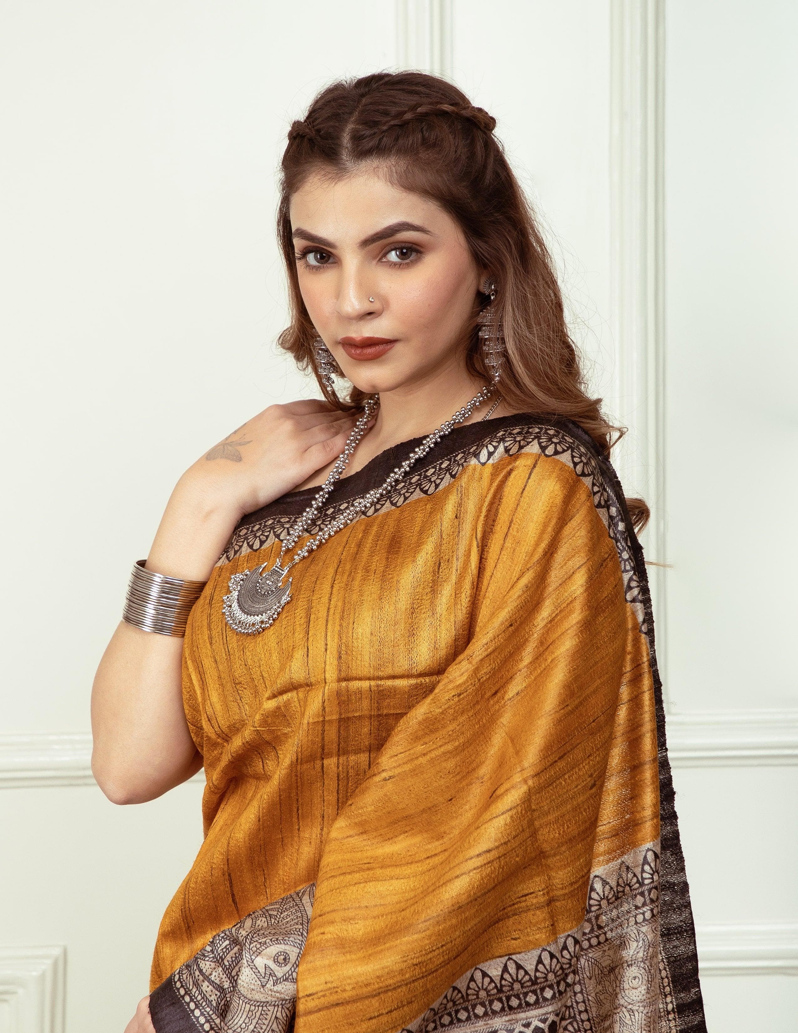Bina Textile BGP Saree ZURI | Tussar Ghicha Silk | Madhubani Print | Indidha Saree