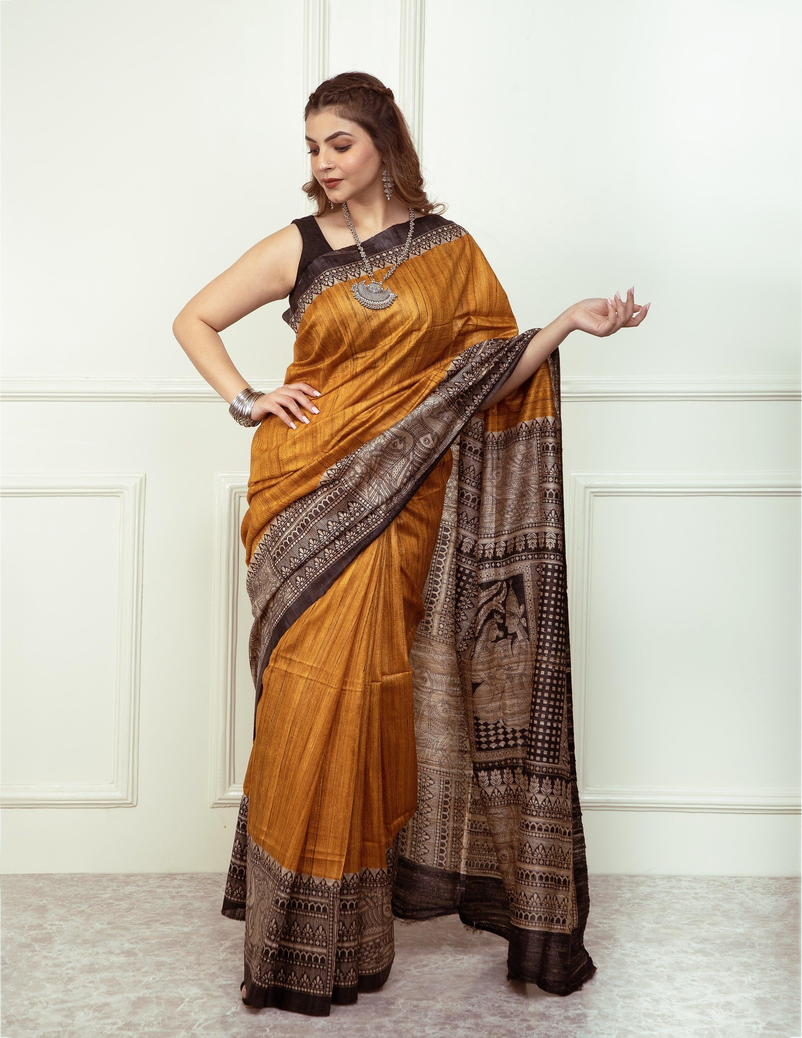 Bina Textile BGP Saree ZURI | Tussar Ghicha Silk | Madhubani Print | Indidha Saree