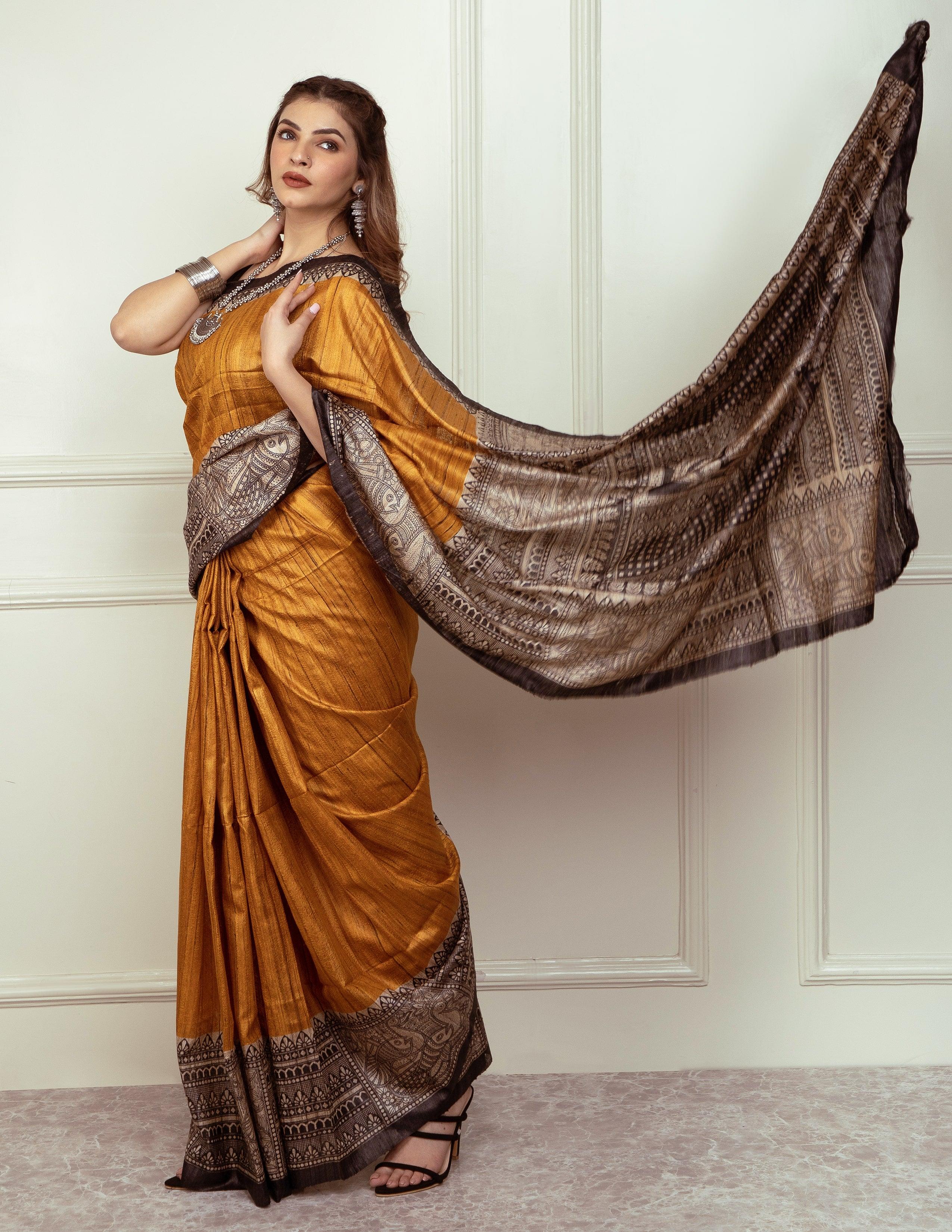 Bina Textile BGP Saree ZURI | Tussar Ghicha Silk | Madhubani Print | Indidha Saree